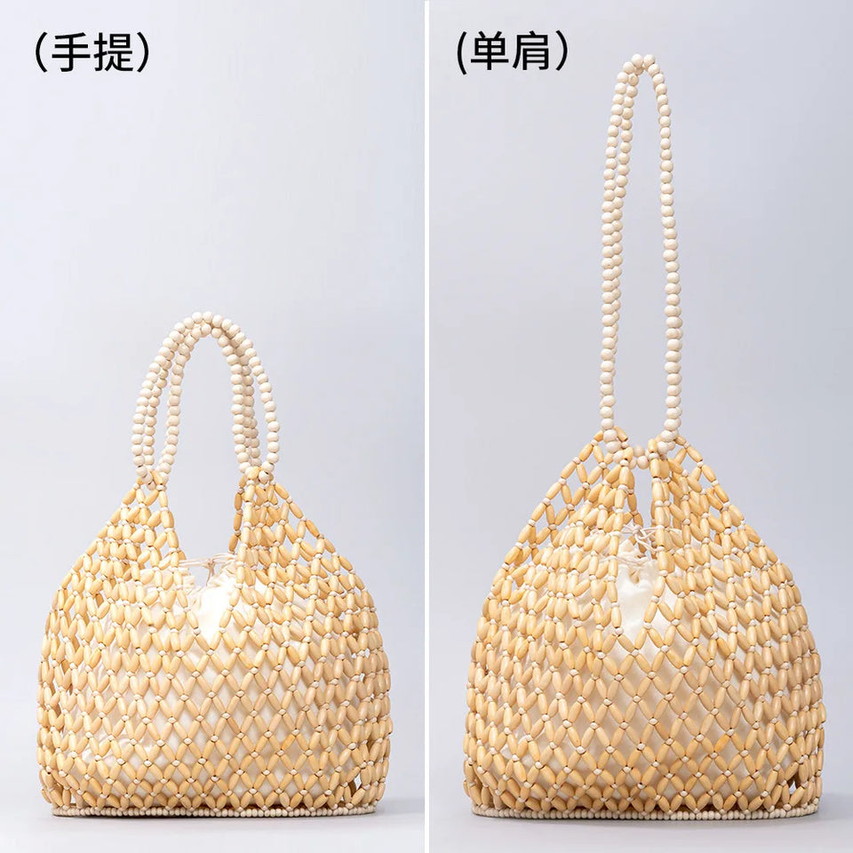 Simple Casual Handwoven Wooden Bead Handbag New Retro Versatile Summer Vacation Handheld Women's Shoulder Bags Water Bucket Bag