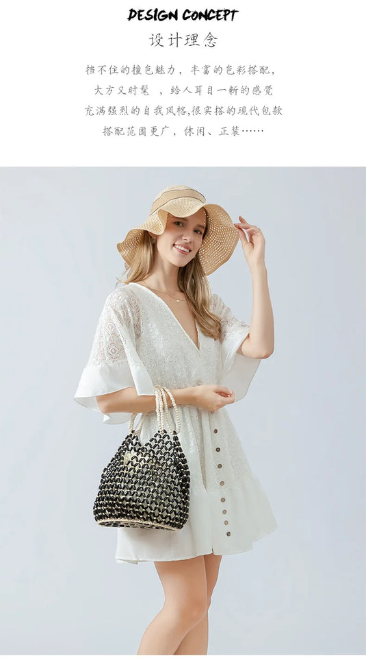 Simple Casual Handwoven Wooden Bead Handbag New Retro Versatile Summer Vacation Handheld Women's Shoulder Bags Water Bucket Bag
