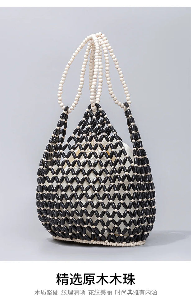 Simple Casual Handwoven Wooden Bead Handbag New Retro Versatile Summer Vacation Handheld Women's Shoulder Bags Water Bucket Bag