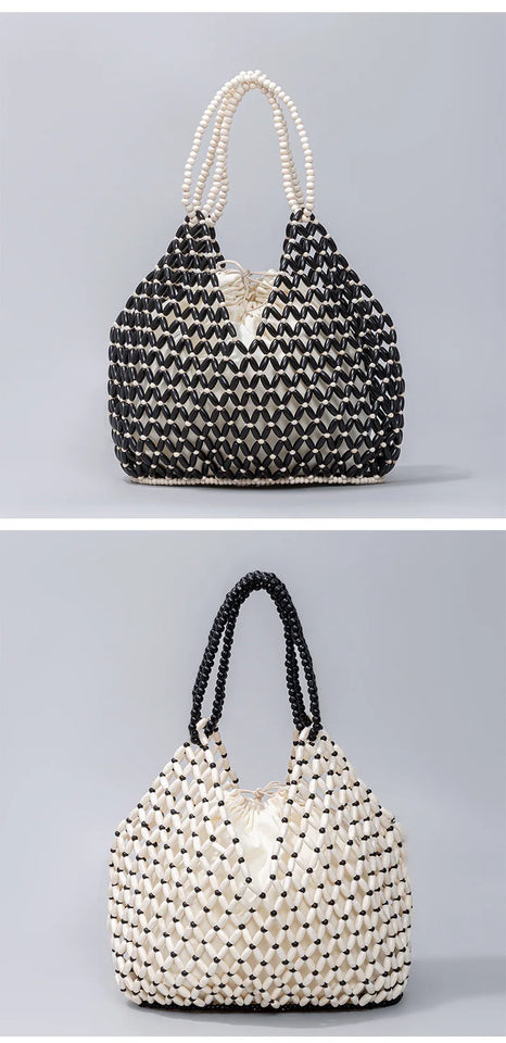 Simple Casual Handwoven Wooden Bead Handbag New Retro Versatile Summer Vacation Handheld Women's Shoulder Bags Water Bucket Bag