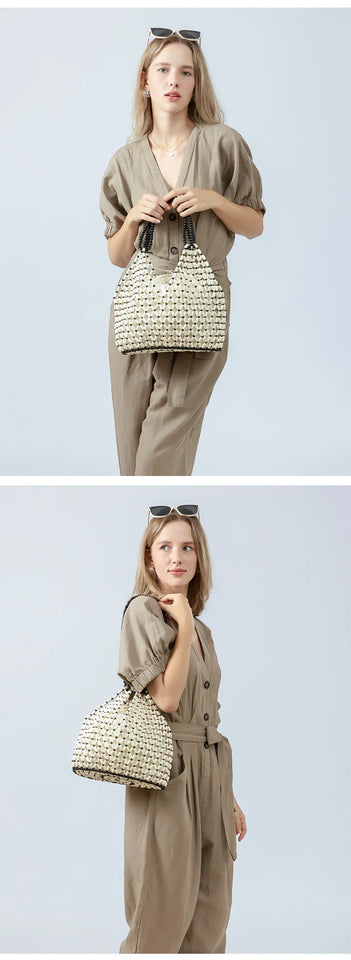 Simple Casual Handwoven Wooden Bead Handbag New Retro Versatile Summer Vacation Handheld Women's Shoulder Bags Water Bucket Bag