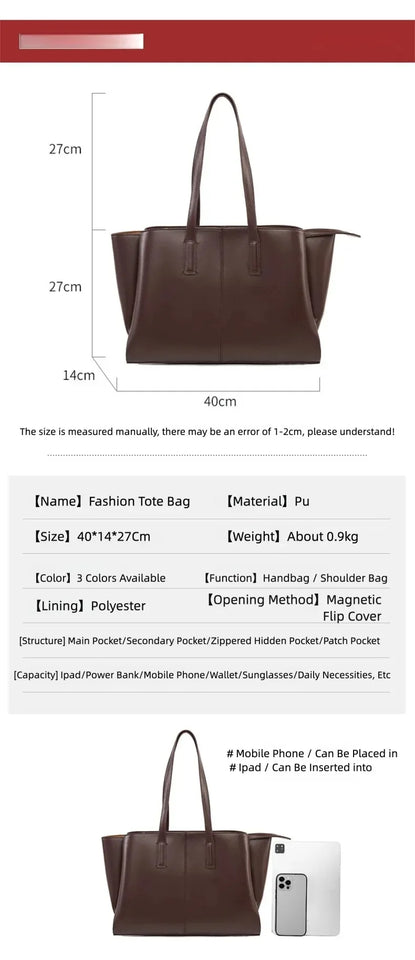Women's Handbag, High-End Fashion Shoulder Bag, Simple Solid Color Casual Bag, Commuting and Shopping Tote Bag, Large Capacity Tote Bag
