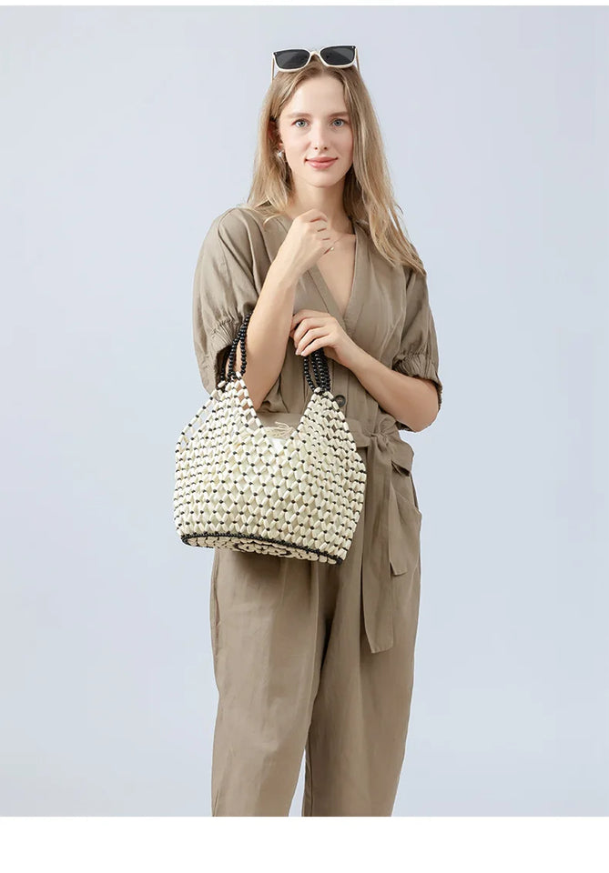 Simple Casual Handwoven Wooden Bead Handbag New Retro Versatile Summer Vacation Handheld Women's Shoulder Bags Water Bucket Bag